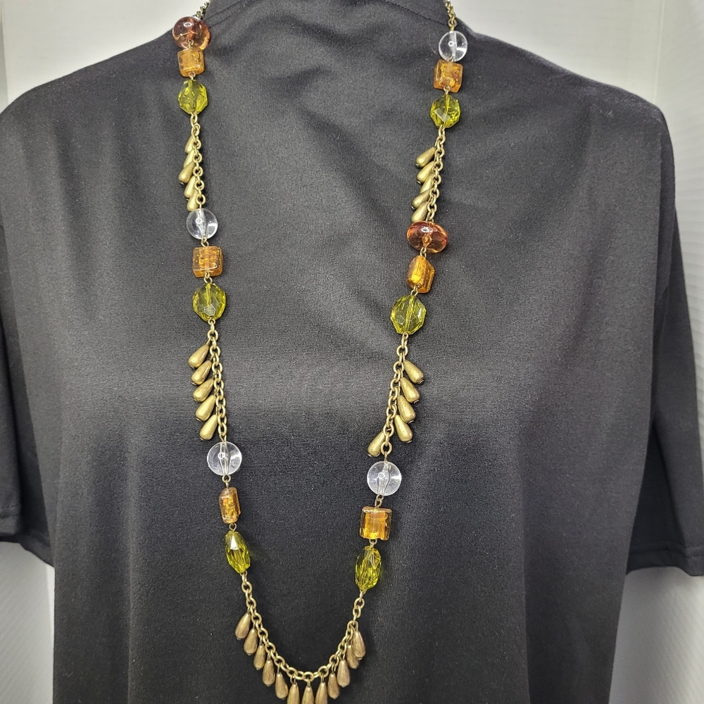 Necklace Green, Amber, antiqued gold 36 inches